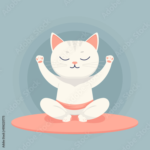 Vector flat cartoon illustration of a cute cat doing yoga in the lotus position.

