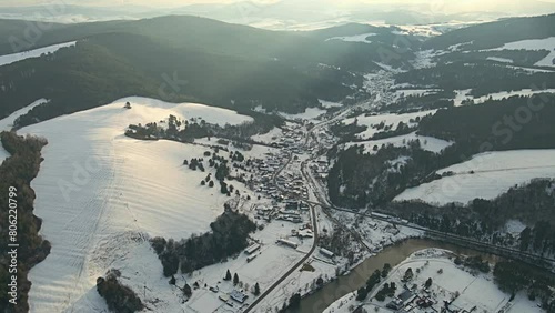 Aerial view of the Poprad Landscape Park in Beskid Sadecki on a sunny,december day.
