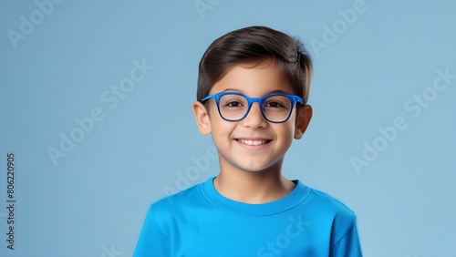 Portrait of a teenage boy in glasses on a gray background, looking at the camera, smiling