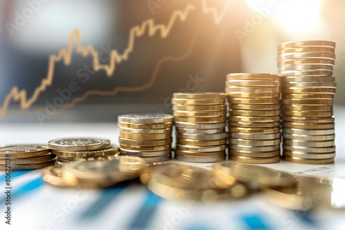 Close up coins stack and financial chart or technical graph of stock background. Growth in returns from investments, savings and diversification