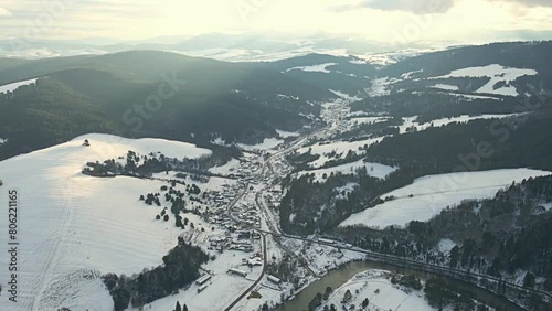 Aerial view of the Poprad Landscape Park in Beskid Sadecki on a sunny,december day.