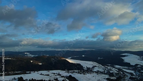 Aerial view of the Poprad Landscape Park in Beskid Sadecki on a sunny,december day.
