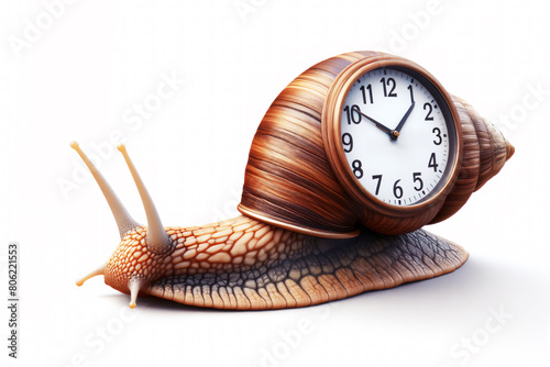 Creative snail with a vintage clock crawls on a white background, concept. Time goes by very slowly