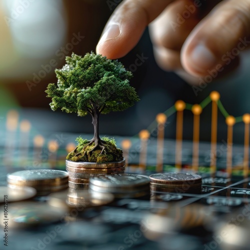A hand points to a growing tree on a stack of coins with a rising graph line in the background. This business and finance concept stock photo was the winner of a contest in the style of stock