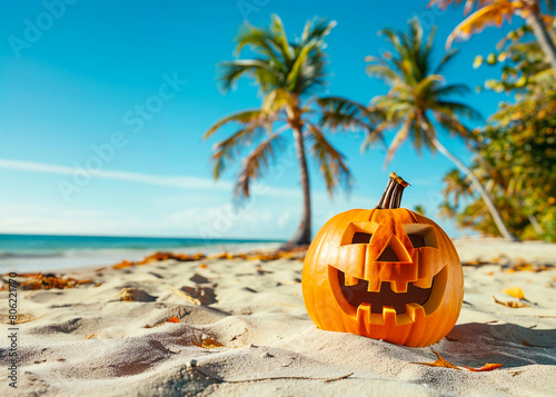 Tropical Halloween. Classic pumpkin on the beach. Blue sky, palm trees and yellow sand. photo