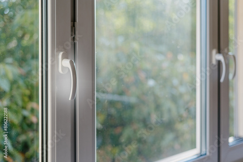 Functional PVC windows with durable frame, selective focus on handle