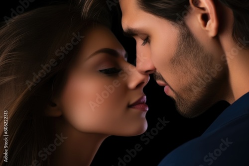 Intimate moment of a couple nearly kissing, with focus on their lips, in a dark romantic setting. Close-up of Couple Almost Kissing in the Dark