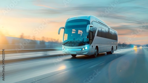 A white modern tourist bus driving on a highway at sunset. Concept Travel, Transportation, Tourism, Sunset, Bus photo