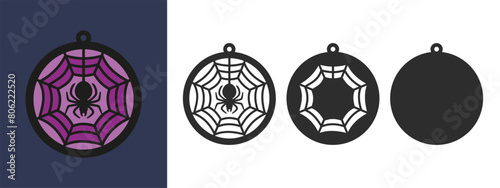 Three layered design with spider for earrings, pendant or keychain. Halloween jewelry silhouette cut template. Laser cutting with leather, wood or metal