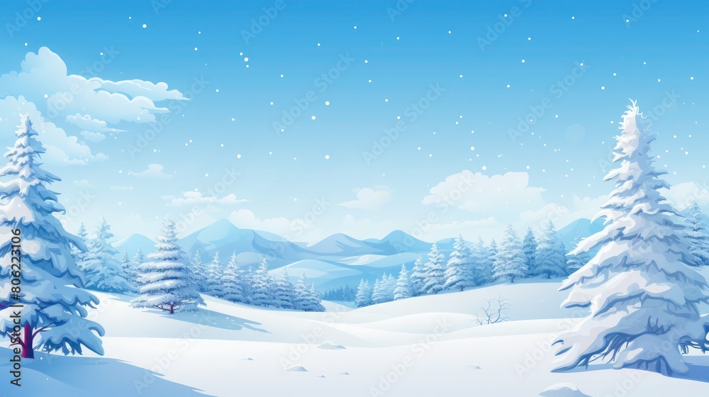 Beautiful atmospheric winter landscape with snow-covered fir trees and hills in the background, copy space.