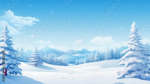 Beautiful atmospheric winter landscape with snow-covered fir trees and hills in the background  copy space.