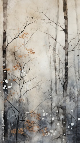 Beautiful atmospheric of forest in early winter, birch trees and snowflakes, vertical image. © junky_jess