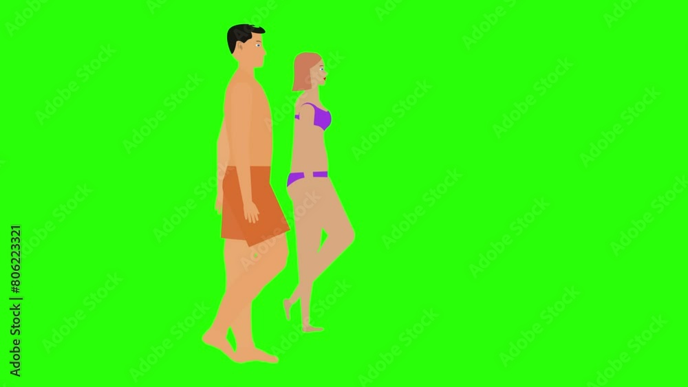 Man and Woman couple walking loop cycle, beach vacation theme, chroma key background animation Man and Woman couple walking loop cycle, beach vacation theme, chroma key background animation