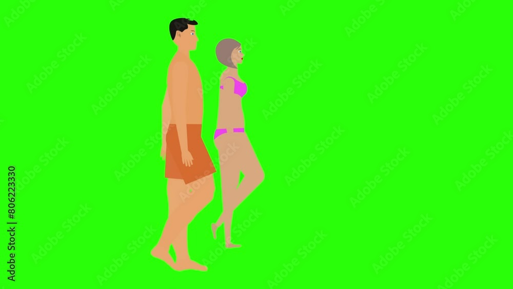 Man and Woman couple walking loop cycle, beach vacation theme, chroma key background animation Man and Woman couple walking loop cycle, beach vacation theme, chroma key background animation