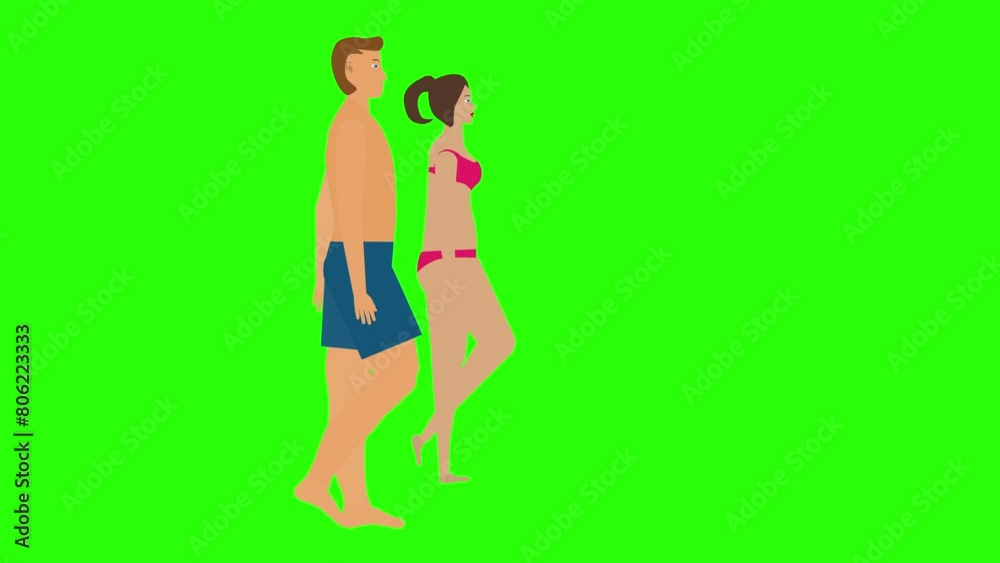 Man and Woman couple walking loop cycle, beach vacation theme, chroma key background animation Man and Woman couple walking loop cycle, beach vacation theme, chroma key background animation