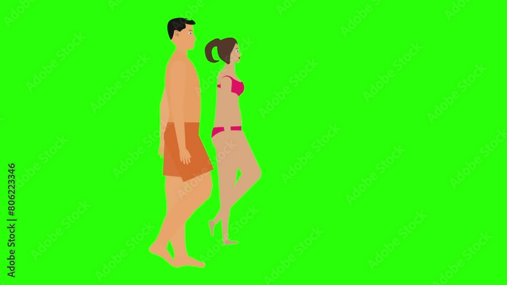 Man and Woman couple walking loop  cycle, beach vacation theme, chroma key background animation