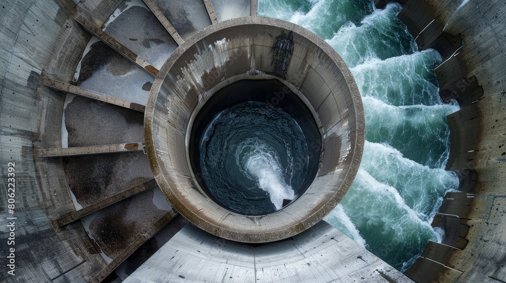 Fototapeta premium A unique bottom-up perspective of turbine and its guide vanes within a hydropower plant