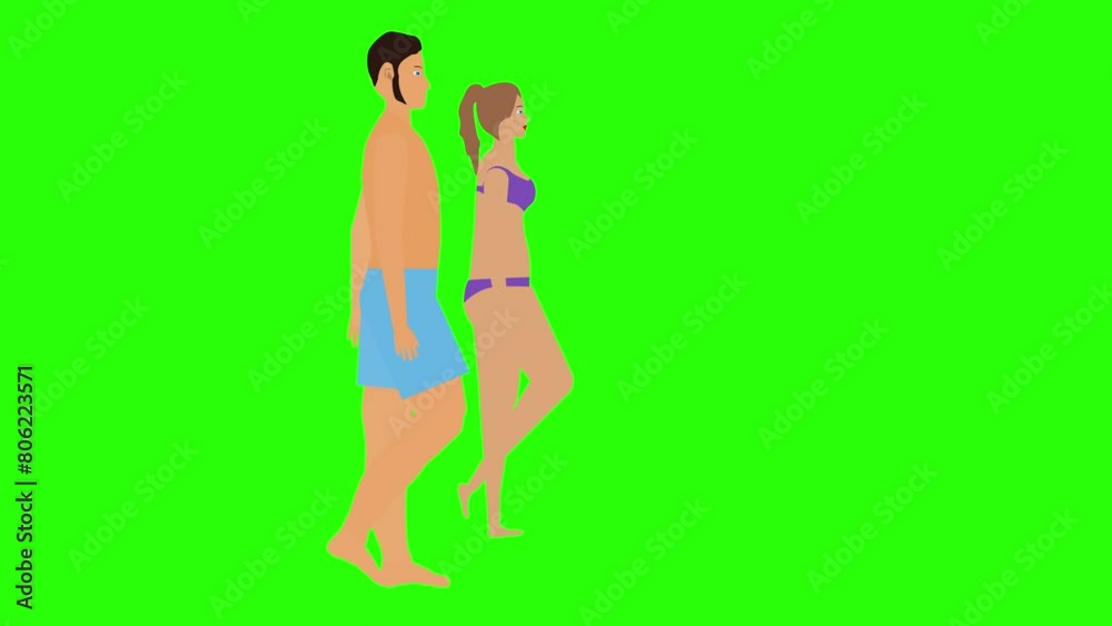 Man and Woman couple walking loop cycle, beach vacation theme, chroma key background animation Man and Woman couple walking loop cycle, beach vacation theme, chroma key background animation