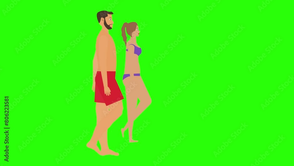 Man and Woman couple walking loop cycle, beach vacation theme, chroma key background animation Man and Woman couple walking loop cycle, beach vacation theme, chroma key background animation