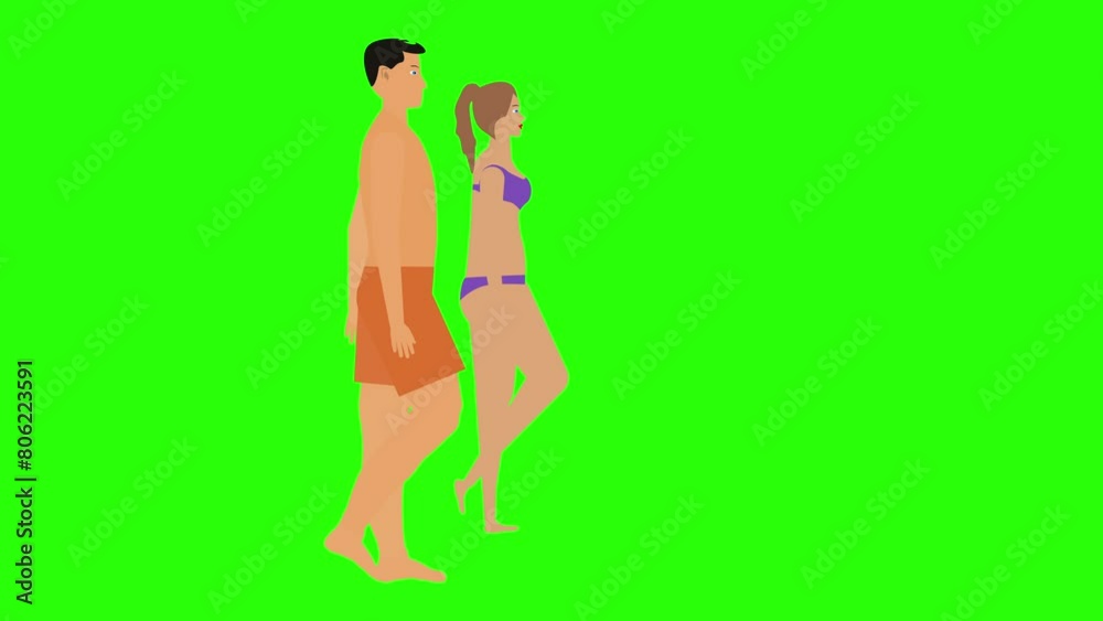 Man and Woman couple walking loop cycle, beach vacation theme, chroma key background animation Man and Woman couple walking loop cycle, beach vacation theme, chroma key background animation