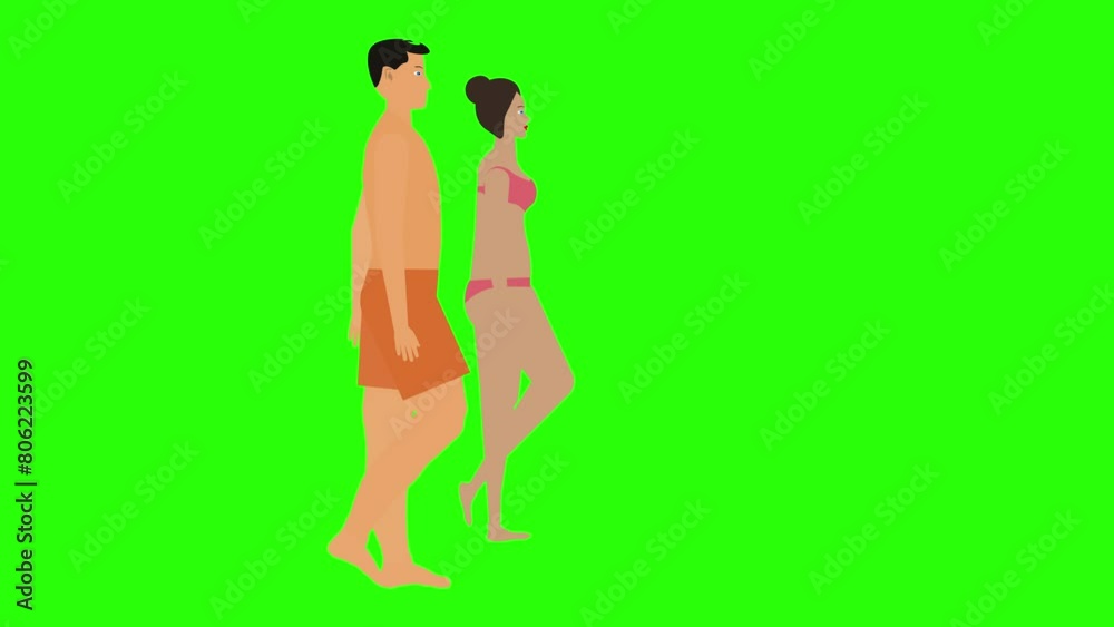 Man and Woman couple walking loop cycle, beach vacation theme, chroma key background animation Man and Woman couple walking loop cycle, beach vacation theme, chroma key background animation