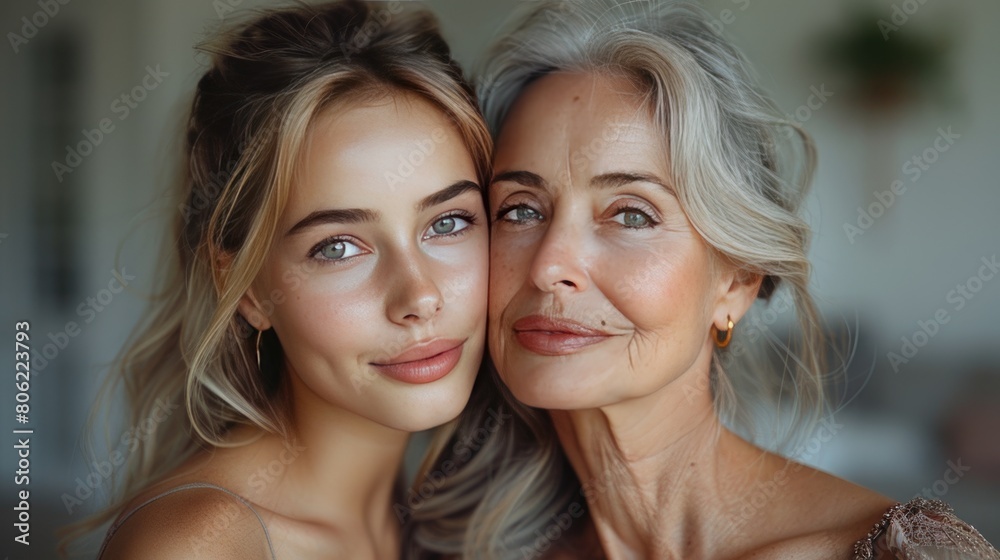Generational Beauty: Portrait of a Young Woman and Her Elderly Mother Generational Beauty: Portrait of a Young Woman and Her Elderly Mother