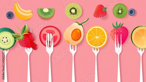 A creative flat design illustration showcasing a variety of colorful fruits and vegetables on forks, symbolizing a concept of healthy eating