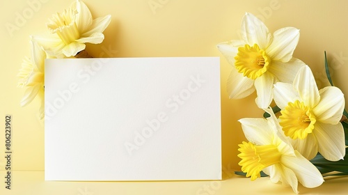Blank Greeting Card with Yellow Daffodils on Pastel Background