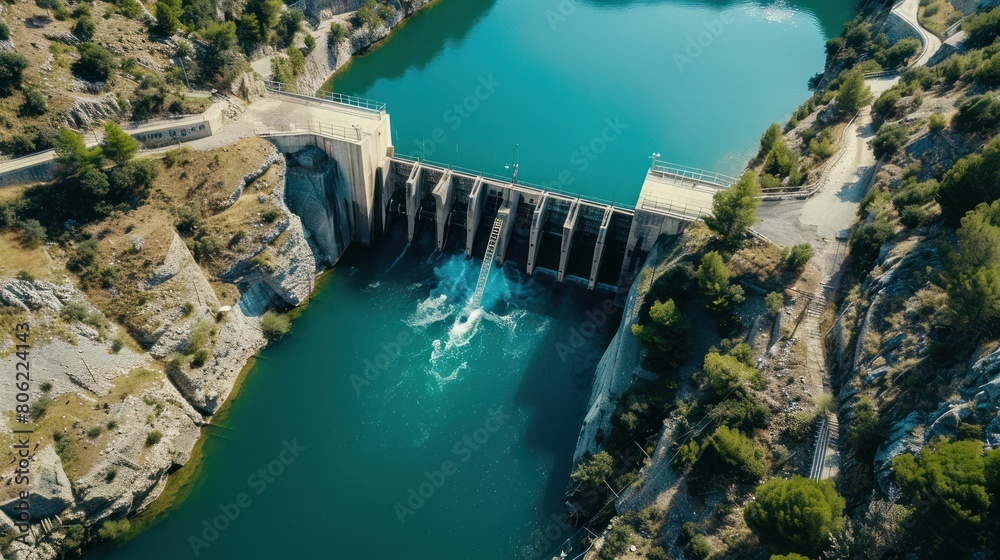 Aerial view of a hydroelectric power plant and water dam, illustrating the expansive infrastructure set against a natural landscape Aerial view of a hydroelectric power plant and water dam, illustrating the expansive infrastructure set against a natural landscape