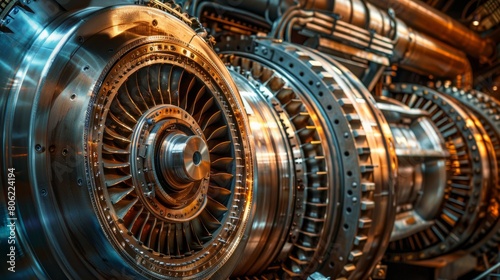 The internal rotor of a steam turbine, captured in a workshop setting, showcasing its complex machinery and metallic components photo