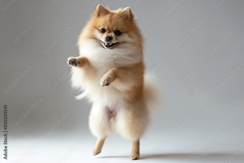 Portrait of cute small dog, Pomeranian spitz standing on hind legs, dancing isolated over white background. Concept of domestic animal, pet friend, care, motion, vet. Copy space for ad, flyer 