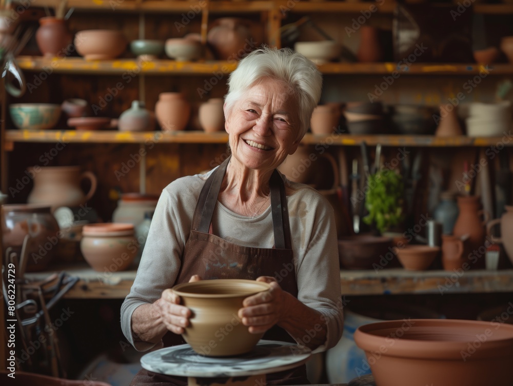 An elderly Caucasian woman with short white hair and a beaming smile engages in pottery. An elderly Caucasian woman with short white hair and a beaming smile engages in pottery.