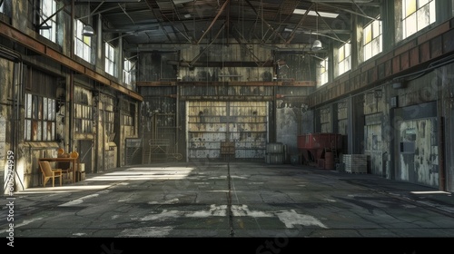An expansive view inside a warehouse, highlighting its large space and industrial atmosphere.