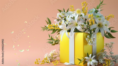 Elegant Yellow Gift Box with Spring Flowers on a Pastel Background