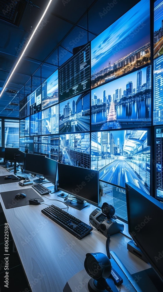 Fototapeta premium A modern control room equipped with advanced Video Management System software empowers security personnel to monitor and manage multiple surveillance cameras simultaneously 