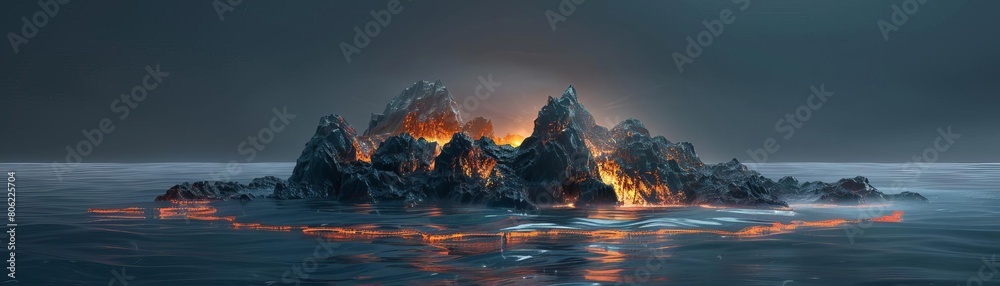 Fototapeta premium Faceless Surreal Mascara Island A surreal island made entirely of glowing hotmetal mascara stands in a dark ocean