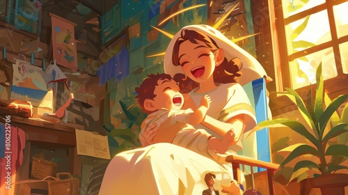 Illustration of Baby Jesus laughing with holy marry