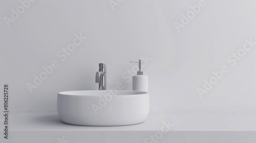 Minimalist modern white bathroom sink with a blank soap dispenser mockup