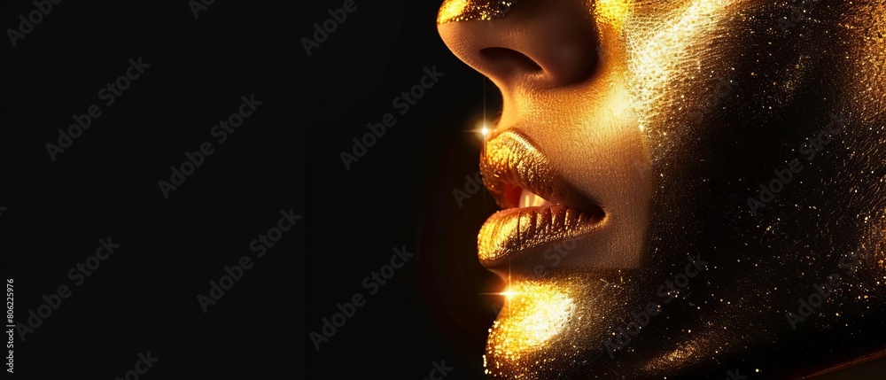 SkintoGold Metamorphosis A headtoglow transformation from smooth skin to gold, set against a stark black background SkintoGold Metamorphosis A headtoglow transformation from smooth skin to gold, set against a stark black background