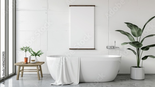 Minimalist modern bathroom with a blank photo frame mockup for design