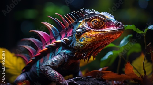 Colorful basilisk in motion  neon highlights catching the light  active and natural rainforest environment