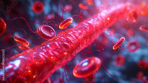 An illustration of a blood vessel with red and white blood cells. photo