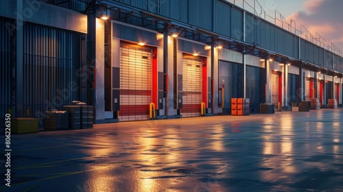 A sprawling distribution warehouse equipped with multiple gates for efficient loading and unloading of goods