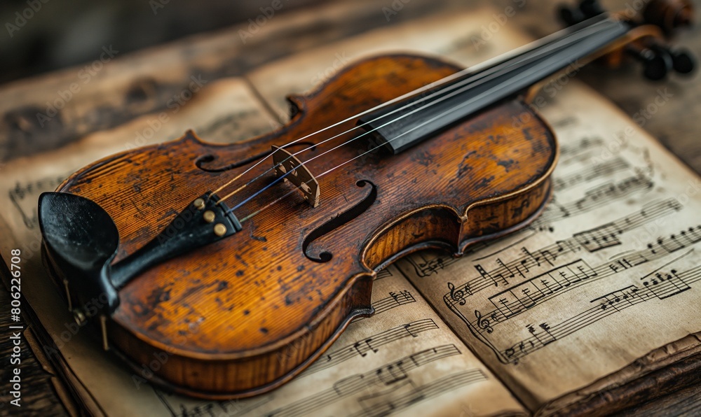Naklejka premium Violin on Old Book. Generative AI