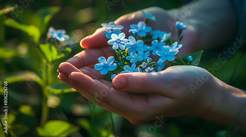 Nature's Touch: Delicate Blue Blossoms Cradled in Human Hands © MC-CHUAN
