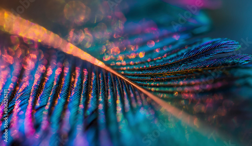 A feather with a rainbow of colors and a blurry background. The feather is the main focus of the image, and the colors and blurriness create a sense of movement and energy,banner