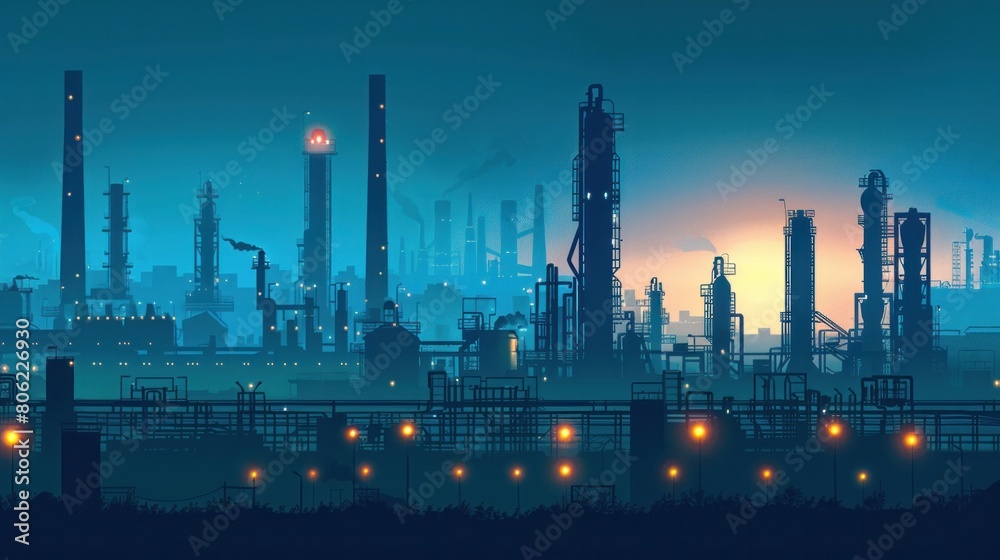Obraz premium An industrial silhouette background depicting a blue oil refinery complex, emphasizing a technical and engineering theme