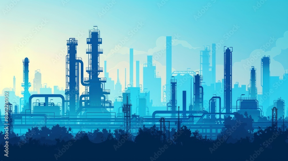An industrial silhouette background depicting a blue oil refinery complex, emphasizing a technical and engineering theme