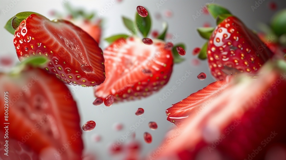 Fresh Strawberry Halves Floating Elegantly on White - Detailed Red Berry Halves in Air Fresh Strawberry Halves Floating Elegantly on White - Detailed Red Berry Halves in Air