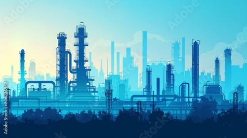 An industrial silhouette background depicting a blue oil refinery complex  emphasizing a technical and engineering theme